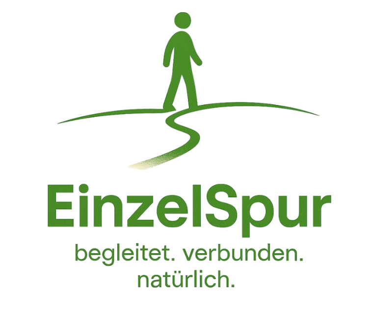 EinzelSpur Logo Logo von EinzelSpur mit einem stilisierten Wanderer und den Worten: begleitet, verbunden, natürlich.